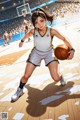 A woman in a basketball uniform dribbling a basketball on a court.