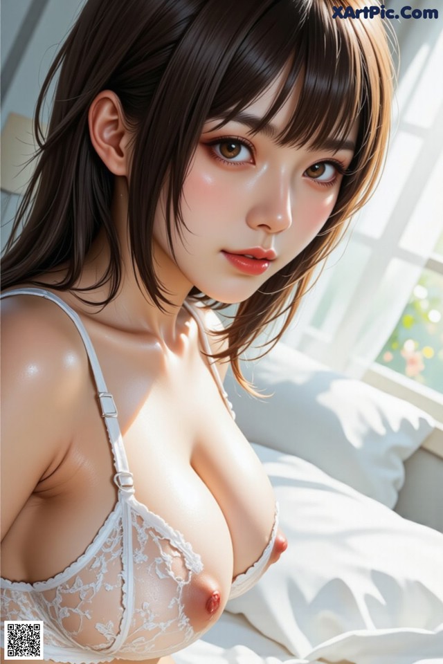 A woman in a white bra and panties on a bed.