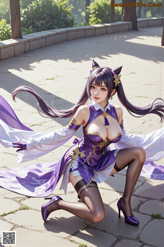A woman in a purple and white outfit is posing for a picture.