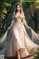 a woman in a wedding dress standing in the woods